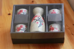 Service à saké japonais en céramique avec motifs de fleurs de prunier dans une boîte cadeau