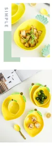 Macro detail of cute fruit-shaped ceramic bowls with lemon and pineapple designs