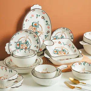 Japanese Creative Ceramic Dinnerware Set Earl Rabbit Pattern Porcelain Bowls Plates Microwave Safe Cute Kitchen Tableware Gift