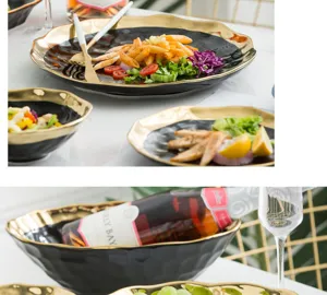 Luxuriöses nordisches schwarzes Keramik-Geschirrset mit Goldrand für elegantes Essen zu Hause