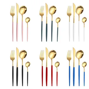 Elegante juego de cubiertos de acero dorado de 6 colores con mangos de colores modernos