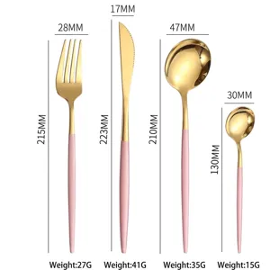 Elegante juego de cubiertos de 4 piezas en acero inoxidable rosa y dorado con medidas