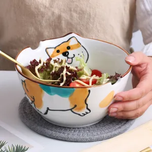 Cute Shiba Inu ceramic ramen bowl for household use, large Japanese style salad bowl