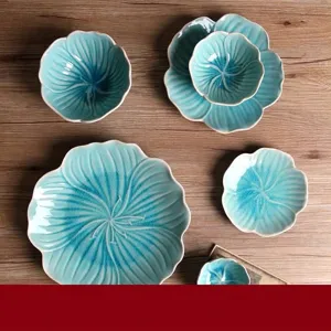 Japanese Style Ceramic Tableware Petal Shape Ice Crackle Glaze Floral Dinner Plate Fruit Dessert Bowl Soup Spoon Home Tableware