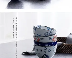 Detail of Japanese ceramic bowls with wavy rims and blue underglaze floral patterns