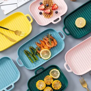 Plats de cuisson rectangulaires en céramique nordique avec poignées et nervures