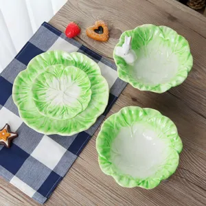 Juego de vajilla creativa de cerámica con forma de repollo y decoración de conejito