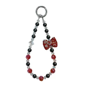 Red rhinestone bow phone wrist strap with crystal and pearl beads