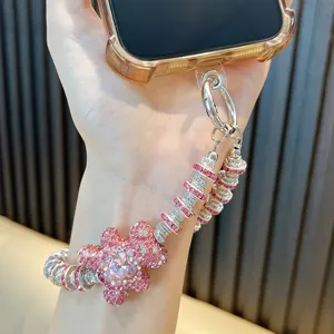Handmade luxury pink rhinestone bear phone strap with sparkling diamond chain for charm