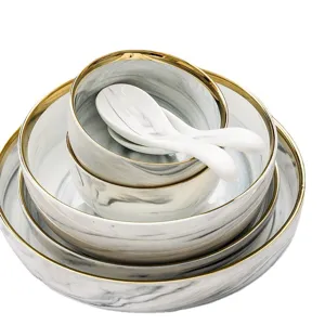 Luxus Nordisches Marmor Keramik Geschirr Set mit Goldrand Schalen Teller und Löffel