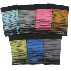 Various colors of gradient striped compression calf sleeves shown on white background