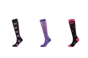 Three pairs of compression socks featuring romantic heart and envelope patterns for running.
