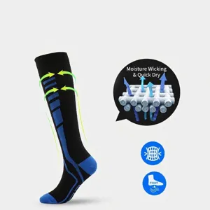 Knee-high black and blue sports compression socks with gradual compression technology