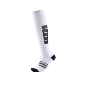 High-knee white compression socks with black stripes for outdoor running and sport.