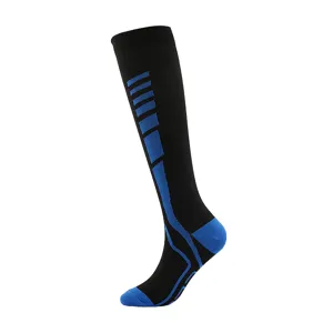 Knee-high sports compression socks in black and blue athletic performance design