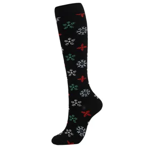 Chaussettes de compression hautes noires de qualité avec motifs de flocons de neige colorés