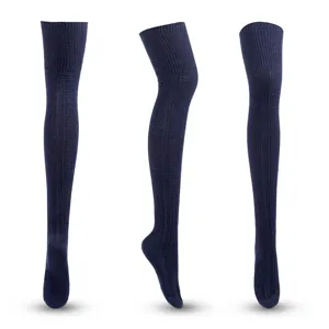 Bas au-dessus du genou en tricot de coton bleu marine de qualité pour femmes hiver