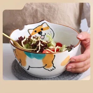 Japanese style cartoon Shiba Inu ceramic ramen bowl for salad with chopstick notch design