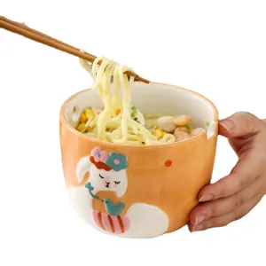 Cute Japanese style cartoon alpaca ceramic ramen bowl with a creative 3D sheep design