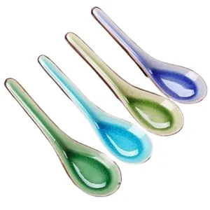 Set of 4 Japanese style ceramic soup spoons with elegant retro kiln change glaze effect
