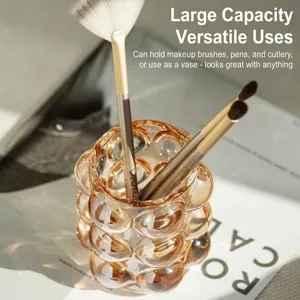 Elegante porta brochas de cristal ámbar y organizador de escritorio de lujo para cosméticos