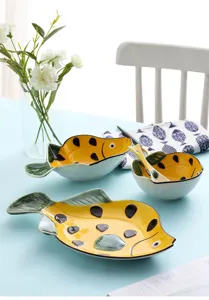 Service de table créatif en céramique en forme de poisson avec assiette et bol