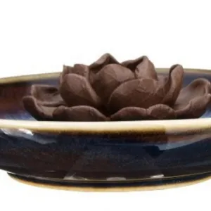 Vintage ceramic lotus incense burner with deep blue glazed bowl and brown petals