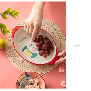Plato de fruta y juego de vajilla de cerámica de gato lindo de estilo japonés para casa diario