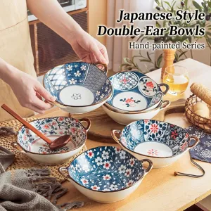 Bol à Soupe en Porcelaine Sous Glaçure Rétro Japonais Double Poignée Bol à Salade en Céramique Plat de Service Micro-ondes