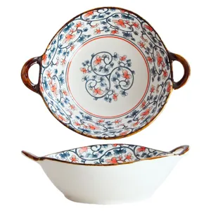 Saladier japonais en céramique avec doubles poignées et motif floral vintage sous glaçure