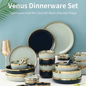 Luxus-Keramikgeschirr-Set mit eleganten Goldrändern in Dunkelblau und Hellgrün
