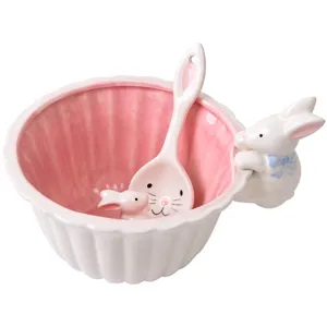 Adorable juego de tazón de postre y cuchara de cerámica con conejo estilo japonés