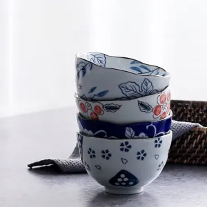 Japanese Ceramic Bowl Wave Rim Underglaze Hand Painted Porcelain Salad Rice Soup Noodle Bowl Home Restaurant Tableware
