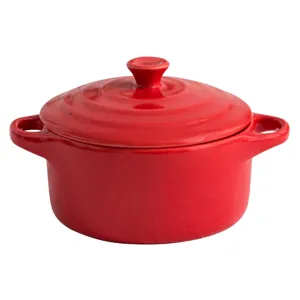 Vibrant red ceramic mini casserole dish with lid and double handles for oven baking