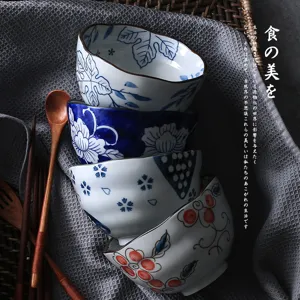 Exquisite Japanese style underglaze ceramic bowls set with unique irregular wave mouth edges