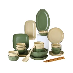Juego de vajilla nórdica de cerámica verde y beige con cuencos, platos y cubiertos