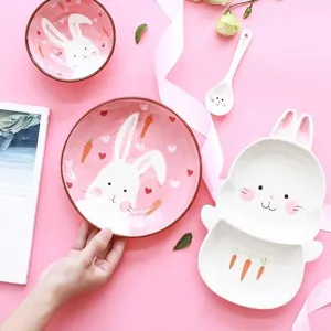 Joli service de vaisselle en céramique pour enfants avec motifs de lapins mignons