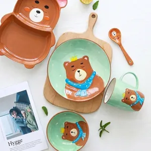 Service de vaisselle mignon ours en céramique pour enfants avec assiettes et bol