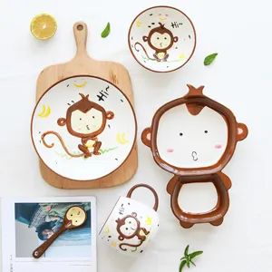 Service de table mignon singe en céramique pour enfants avec bol plat et tasse à café