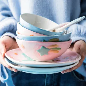 Ensemble de vaisselle en céramique thème licorne pour enfants avec bols étoiles rose et bleu