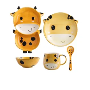 Adorable service de table 5 pièces en céramique girafe pour petit-déjeuner enfant