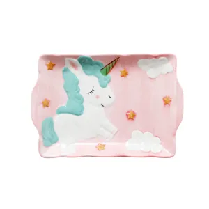 Plat de service rectangulaire en céramique licorne pour enfants sur fond rose