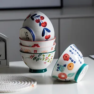 Japanese Style Hand-Painted Porcelain Rice Bowl Creative Botanical Floral Pattern High-Foot Cone Shaped Dinnerware Home Kitchen Tableware Bowl