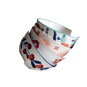 Set of 4 hand-painted Japanese ceramic hat-shaped rice bowls with floral patterns