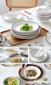 Detailoverzicht van Noords keramisch servies met zwarte rand en geribbelde textuur