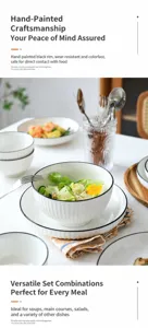 Detail van een minimalistische keramische kom met zwarte rand en verse salade
