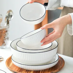Nordic Style Ceramic Dinnerware Set Minimalist White Black Rim Vertical Stripe Bowls Plates Household Soup Bowl Combination Microwave Safe Tableware