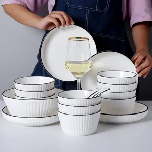 Minimalist Nordic white ceramic tableware set with black rim for elegant home dining