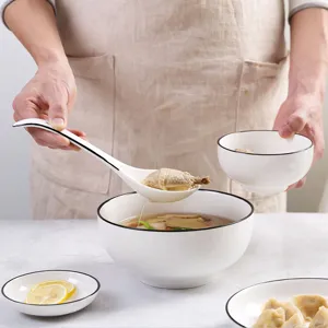 Minimalist Nordic style white ceramic tableware set with elegant black rim for family dining