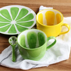 Creative hand-painted ceramic citrus fruit mug and plate set for summer breakfast coffee